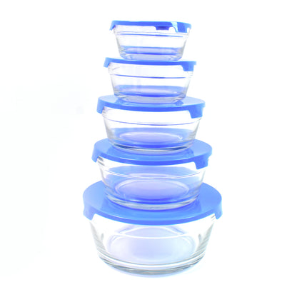 Wukusy modern glass bowl set with 5 mixing and storage bowls with lids, clear glass, and sleek design for kitchen use