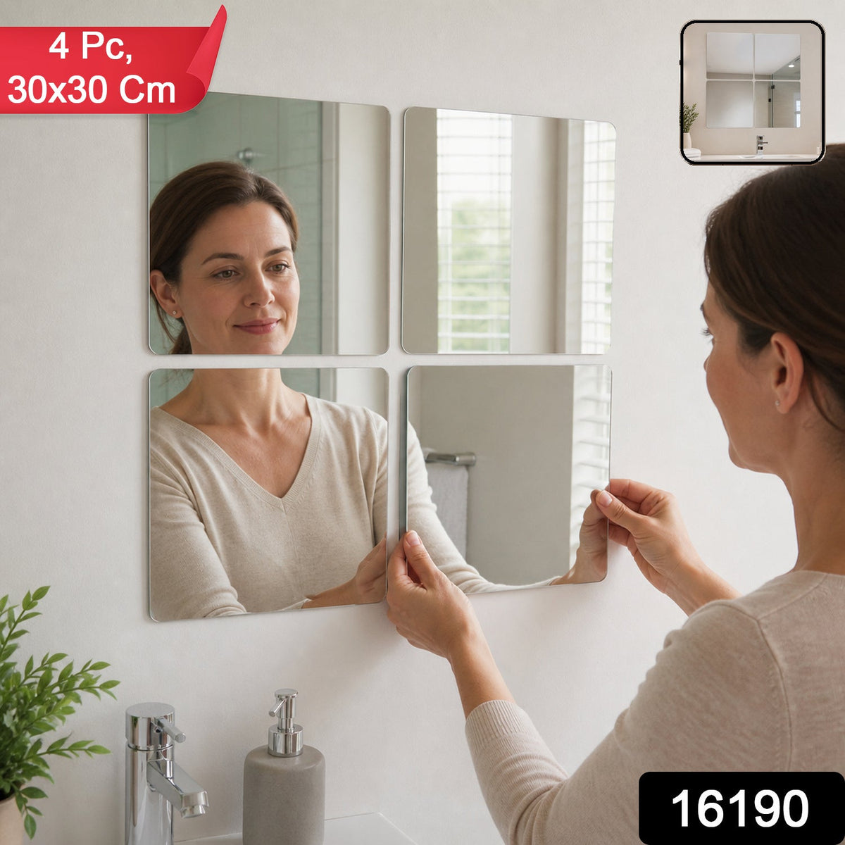 Square Mirror Wall Sticker Tiles 30x30cm Self Adhesive For Home Decor (4 Pc)