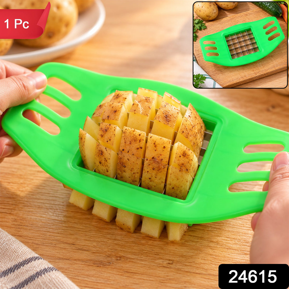 Wukusy French fry potato grid cutter with stainless steel blades, 17x10cm, showing the device ready to cut potatoes into fries.