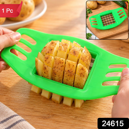 Wukusy French fry potato grid cutter with stainless steel blades, 17x10cm, showing the device ready to cut potatoes into fries.
