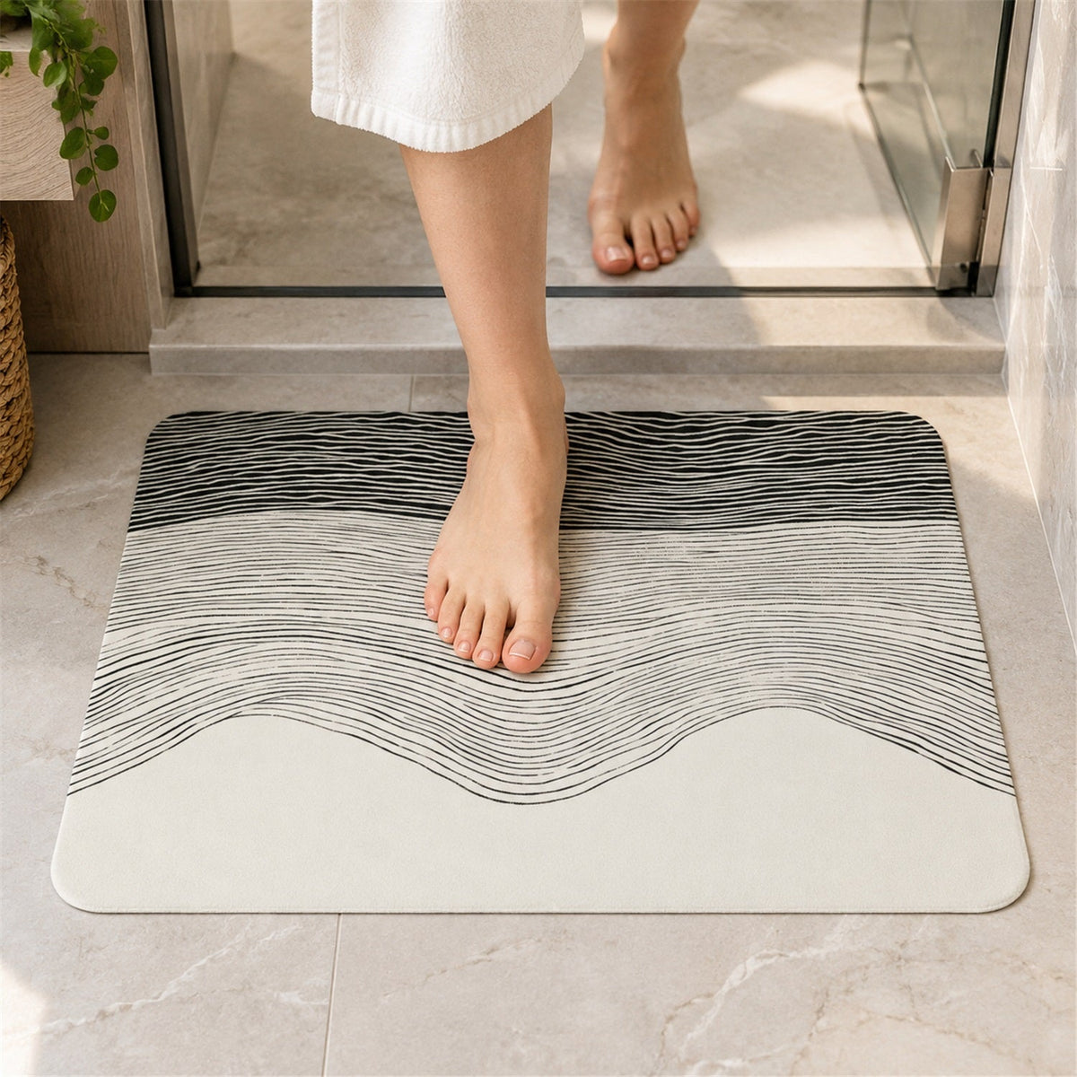 Wukusy absorbent bathroom mat with abstract wave line print, quick-dry design, 60x40 cm, placed on a bathroom floor