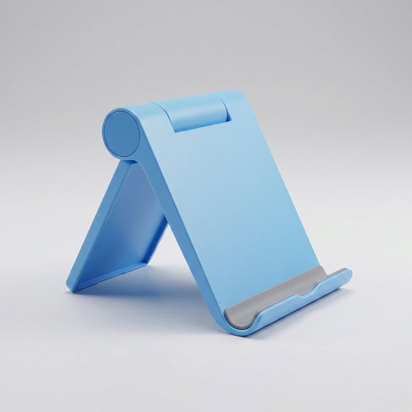 Wukusy plastic foldable mobile phone stand on a desk, used for video calls and hands-free viewing, with adjustable angles.