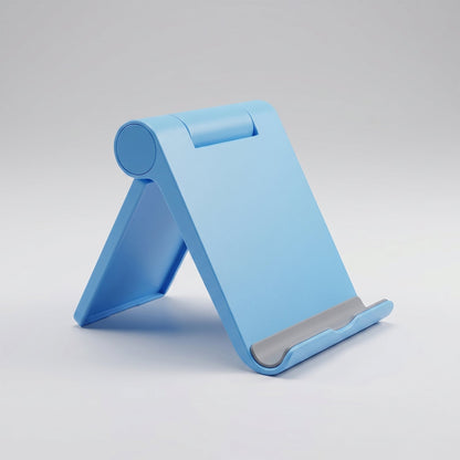 Wukusy plastic foldable mobile phone stand on a desk, used for video calls and hands-free viewing, with adjustable angles.