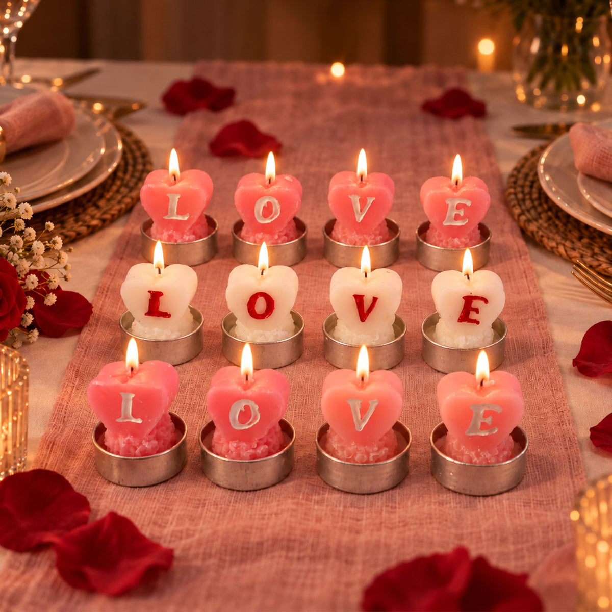 Set of 12 Wukusy heart-shaped love tealight candles for romantic table decoration, featuring pink and red wax in a decorative arrangement.