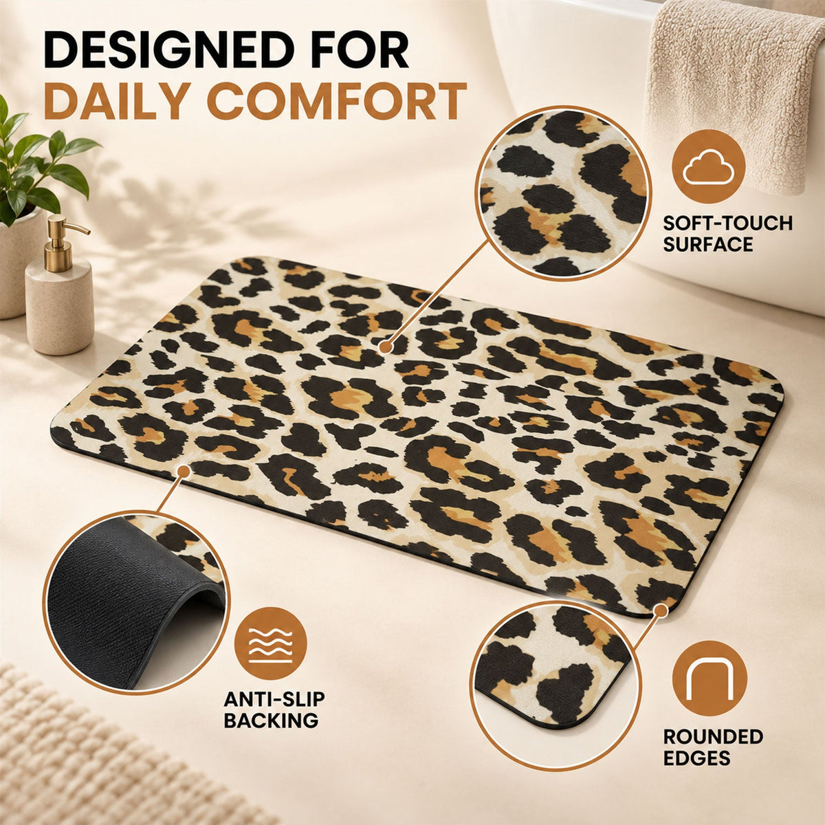 Wukusy leopard print bathroom mat, quick-dry and absorbent, 50x80 cm, shown on tiled bathroom floor.
