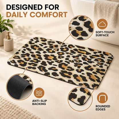 Wukusy leopard print bathroom mat, quick-dry and absorbent, 50x80 cm, shown on tiled bathroom floor.