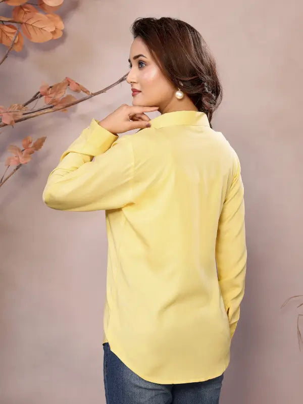 Golden Pure Viscose Collared Neck Hip Length Half Sleeve Shirt For Women