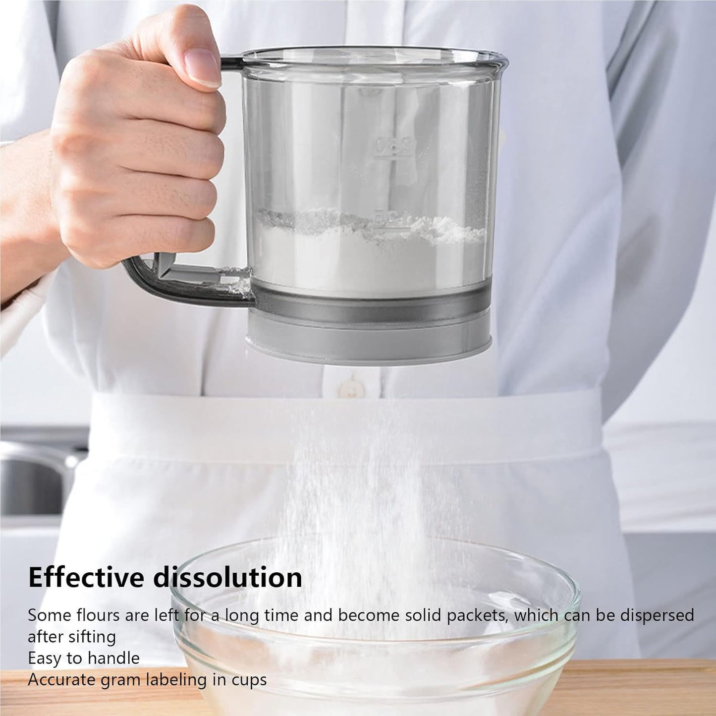 Wukusy plastic flour sieve cup with handle and fine mesh filter for kitchen baking, shown with a clear view of the sieve and handle