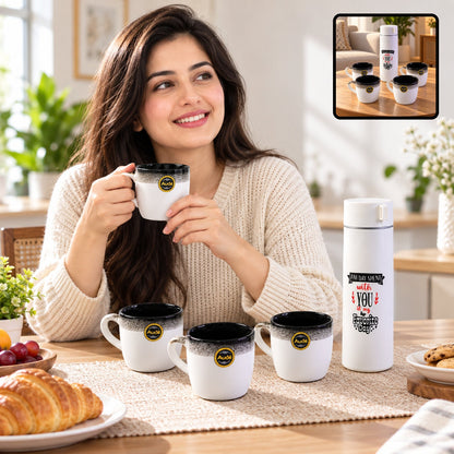Wukusy bottle and mug gift set with one flask and four tea and coffee mugs on a white background.