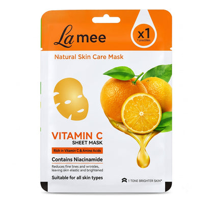 Wukusy Vitamin C facial sheet mask with niacinamide for hydrating skin, shown on a skincare display with the mask packaging.