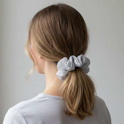 Wukusy dual-tone satin mesh fabric hair scrunchie, soft and stylish hair accessory, close-up view showing fabric texture and design