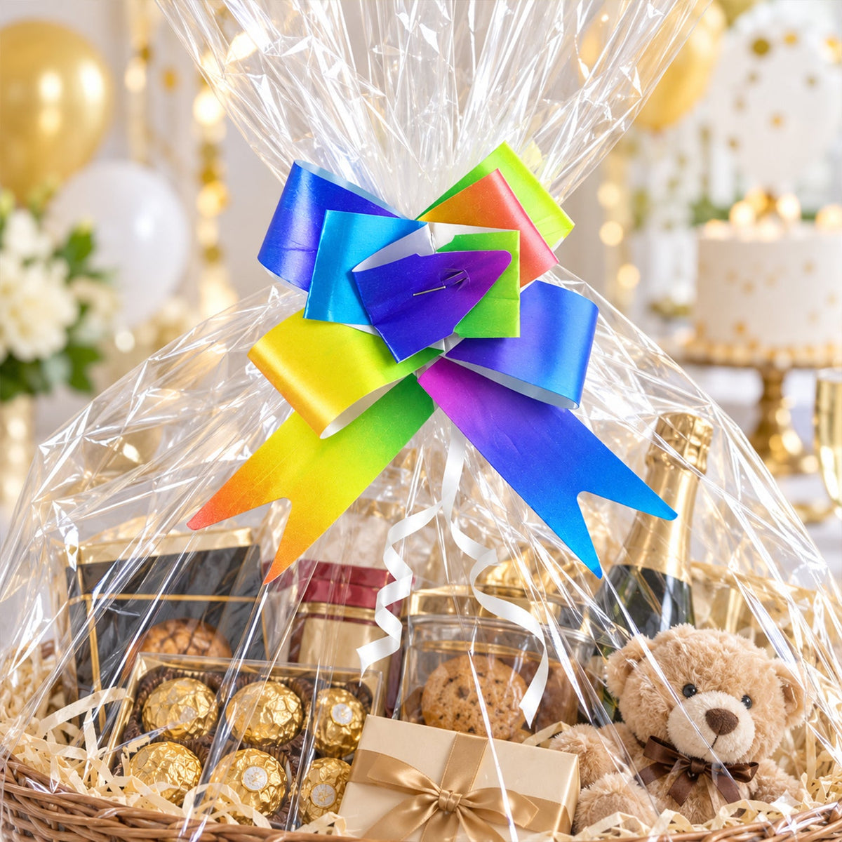 Set of five colorful Wukusy pull bow ribbons for gift wrapping, bouquets, and hampers with vibrant, eye-catching designs.