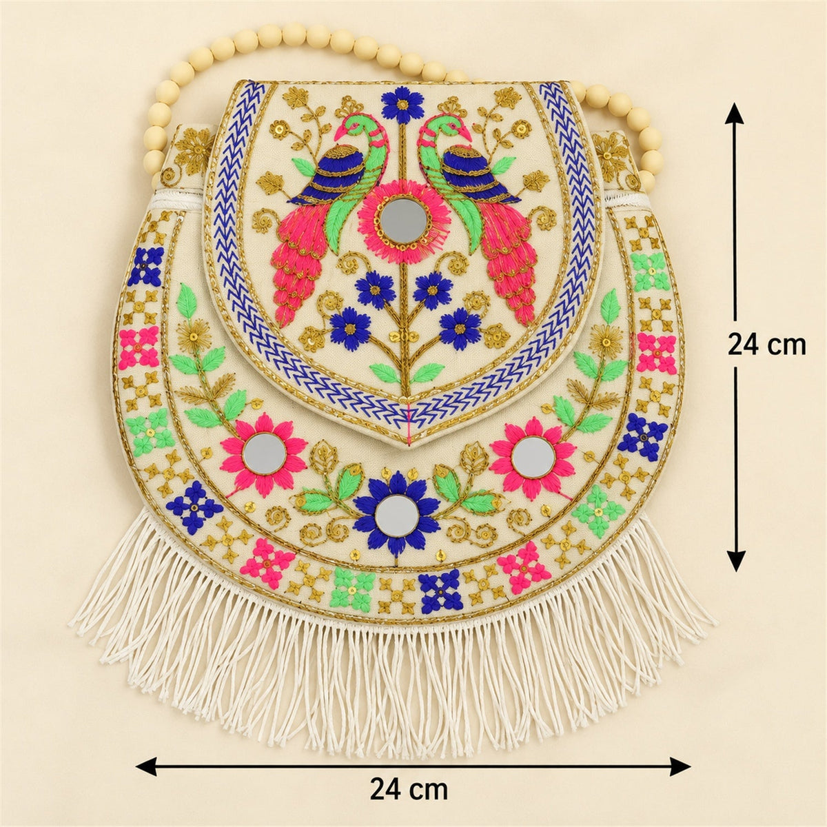 Traditional peacock embroidered jute purse with fringe, sling style, 24x24 cm, featuring intricate embroidery and vibrant design.