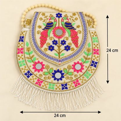Traditional peacock embroidered jute purse with fringe, sling style, 24x24 cm, featuring intricate embroidery and vibrant design.