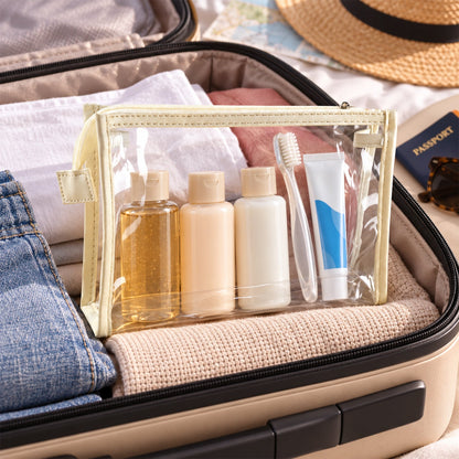 Transparent PVC makeup zipper pouch for travel and toiletry storage, 23x14 cm, by Wukusy. Clear and lightweight for organization.