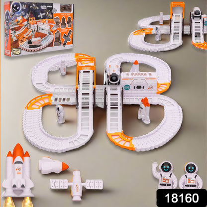 Wukusy outer space race track set for kids toys featuring colorful space-themed tracks and miniature racing vehicles.