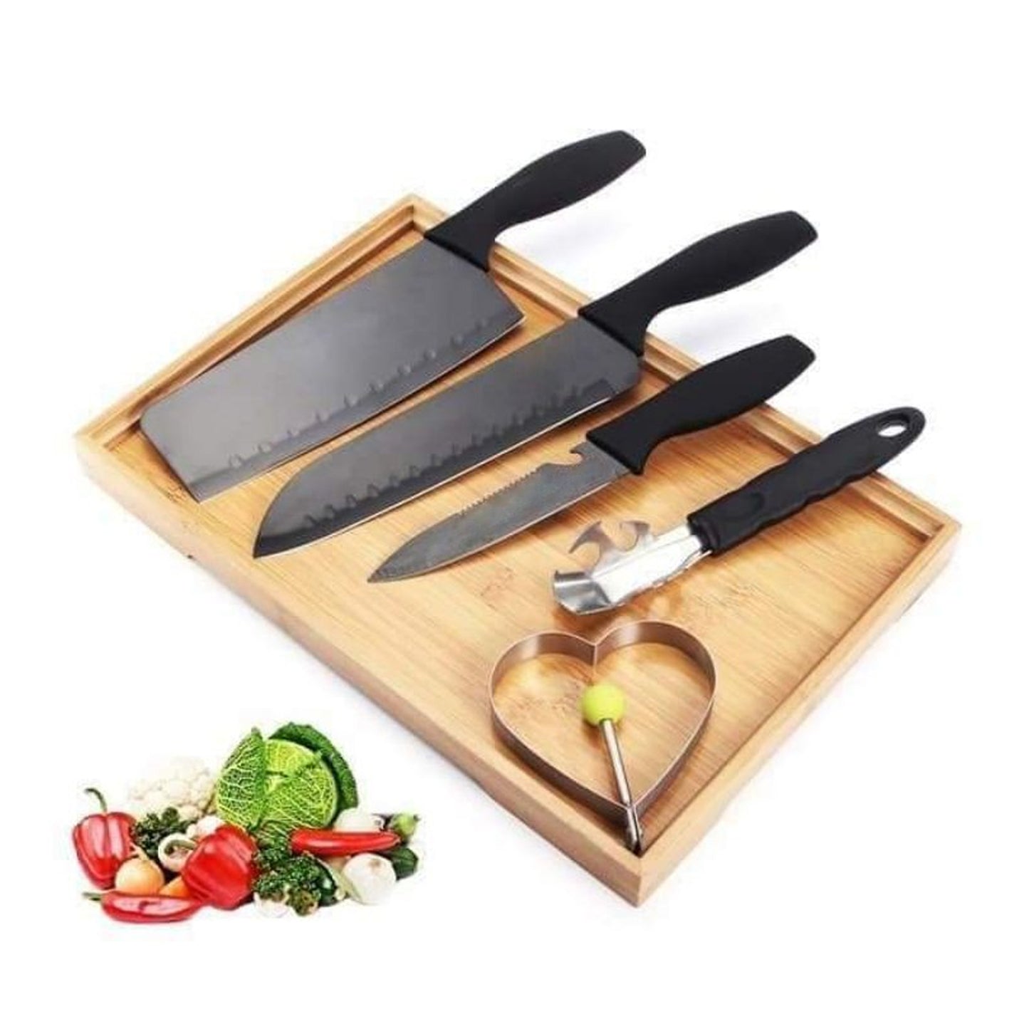 Wukusy 5-piece forged stainless steel kitchen knife set including chef, utility, and butcher knives, displayed on a wooden block.