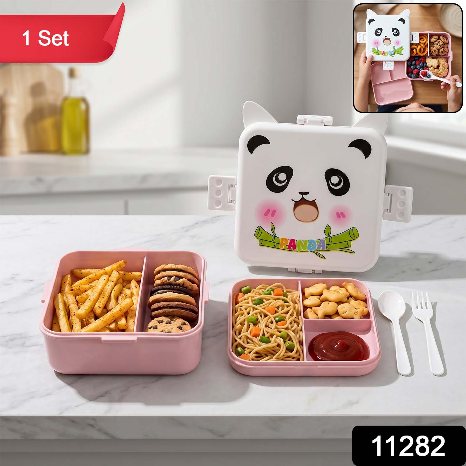 Panda Design Kids Lunch Box With Separate Compartments (1set)