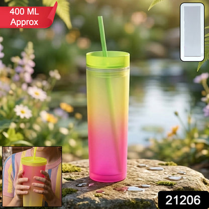 Gradient Plastic Drinking Tumbler Cup With Lid And Straw 400 Ml Approx