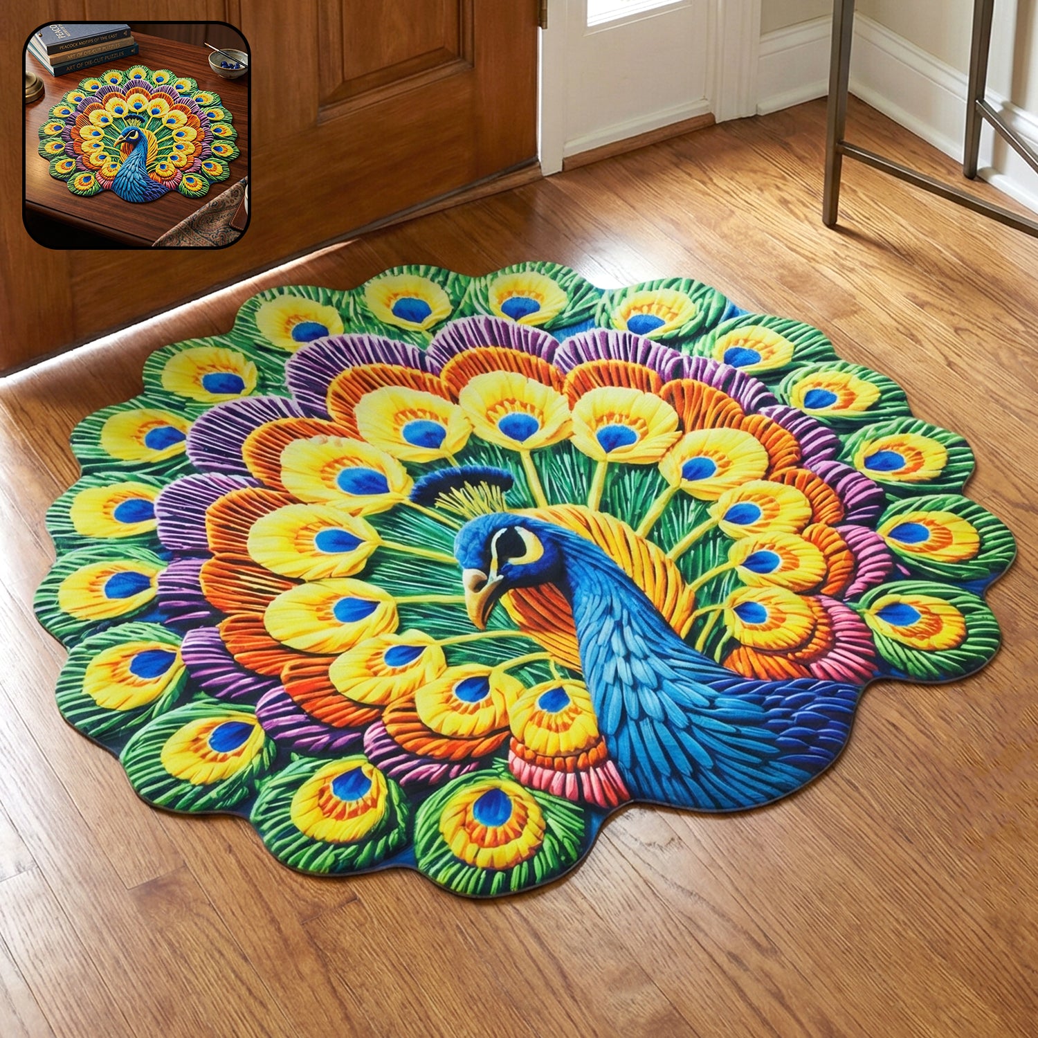 Wukusy peacock design decorative floor mat, 58x58 cm, featuring colorful peacock feather pattern on soft fabric surface.
