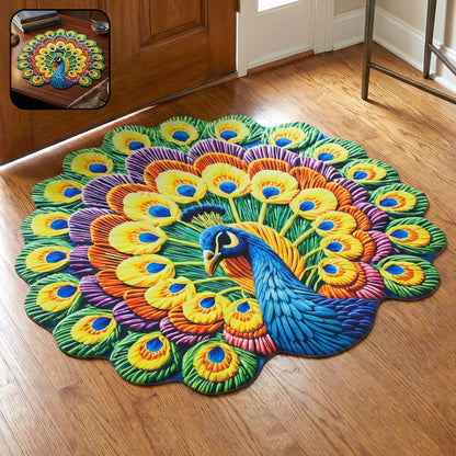 Wukusy peacock design decorative floor mat, 58x58 cm, featuring colorful peacock feather pattern on soft fabric surface.