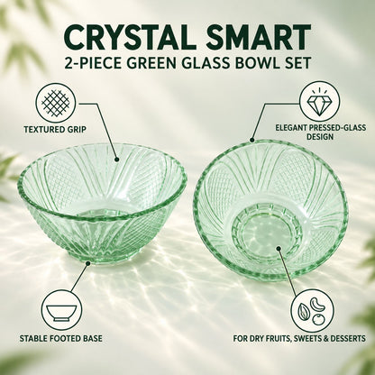 Wukusy textured glass bowl set with two bowls for serving dry fruits, snacks, and desserts, showcasing elegant design and clear glass.
