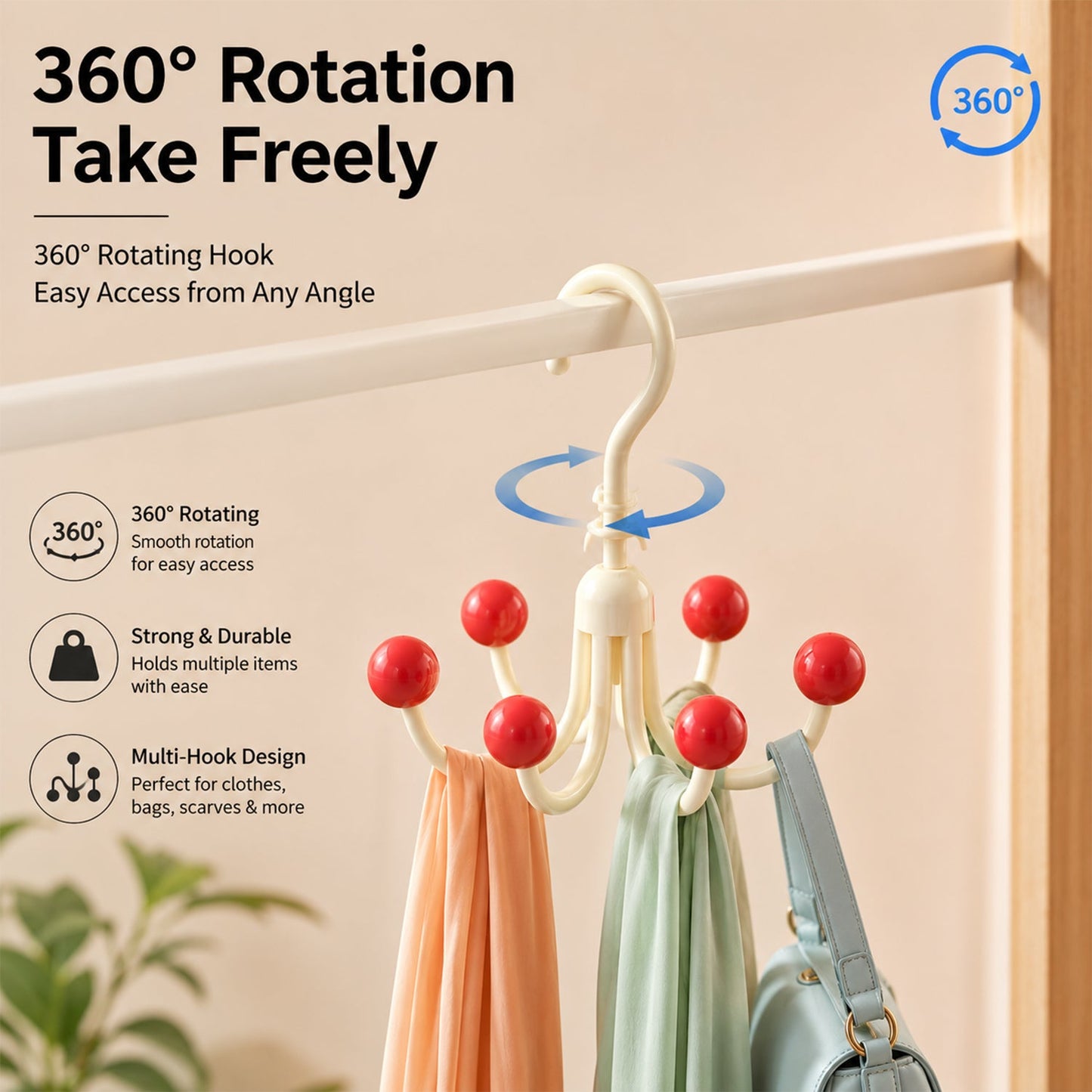 360 Degree Rotating Multi Arm Hanger Hook For Wardrobe Storage And Bags (1 Pc)