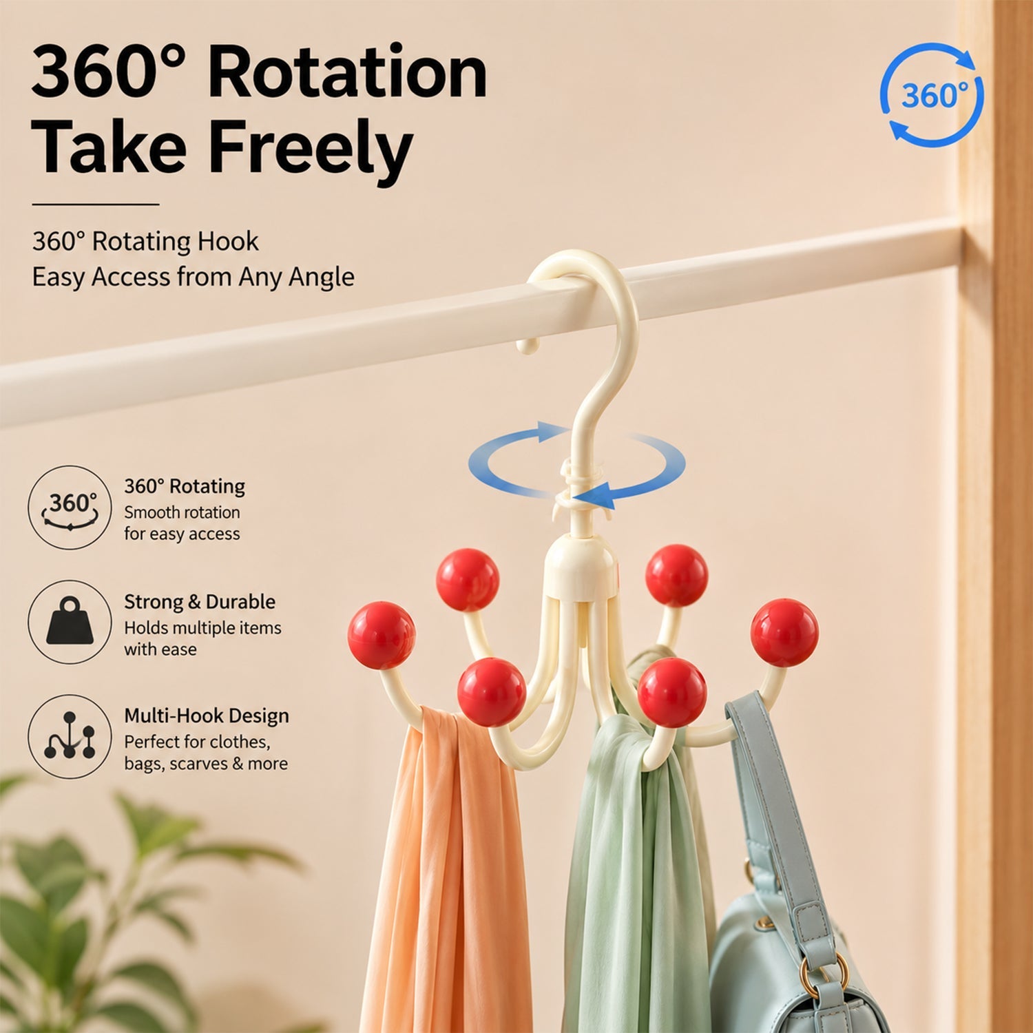 360 Degree Rotating Multi Arm Hanger Hook For Wardrobe Storage And Bags (1 Pc)