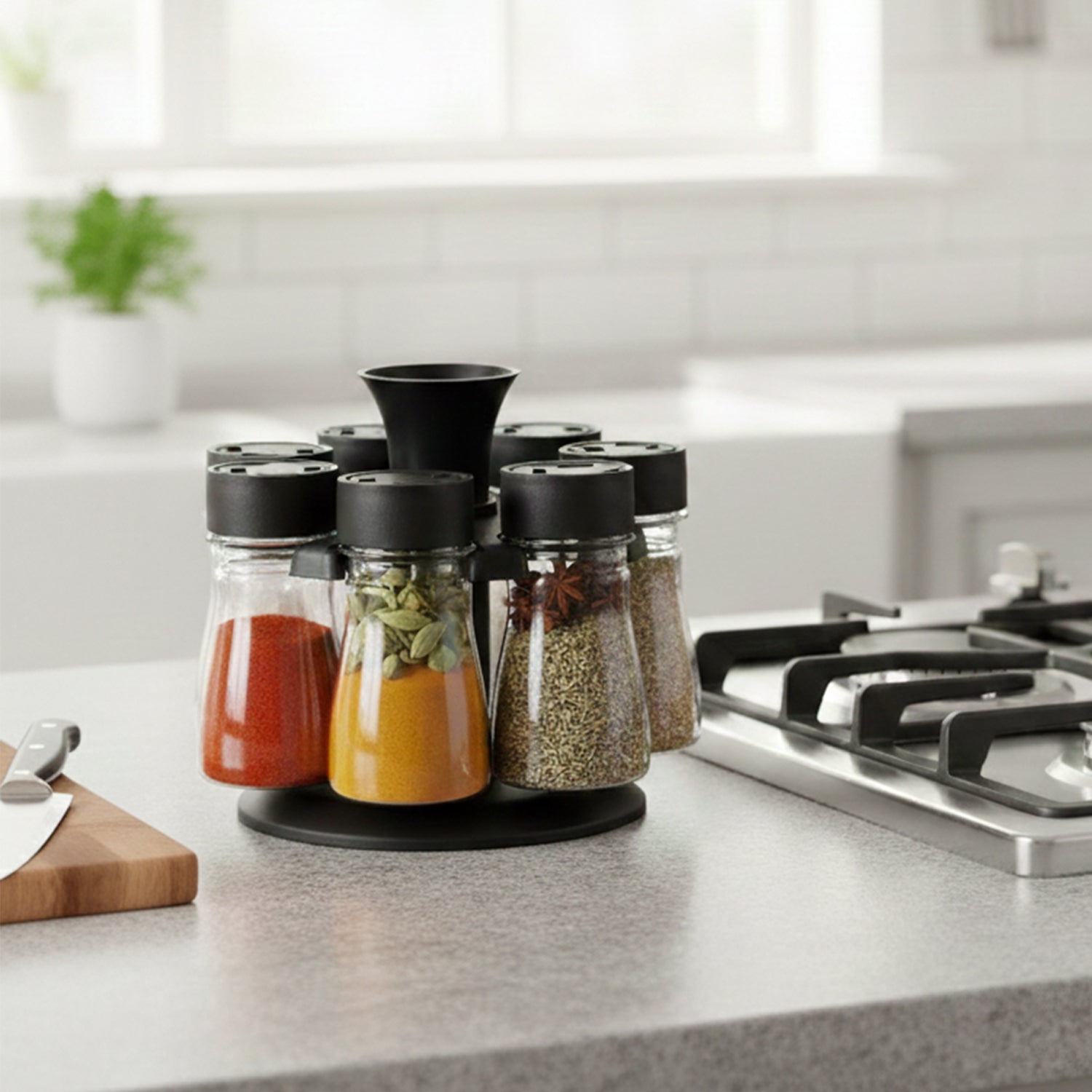 Wukusy 8-in-1 revolving plastic spice rack set with a rotating stand, holding various spice jars for organized kitchen storage.