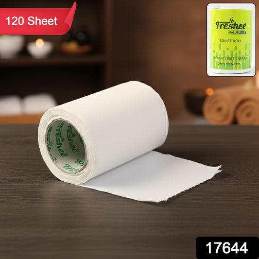 Wukusy Freshee ultra-soft 2-ply toilet roll with 120 sheets, showing soft, white paper on a clean bathroom background.