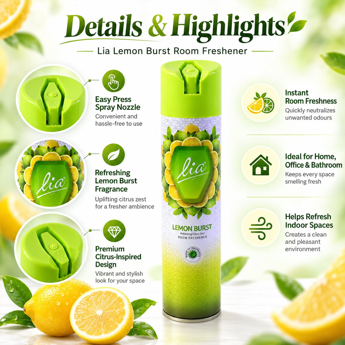 Wukusy Lemon Burst room freshener aerosol spray, 224 ml can for home and office use