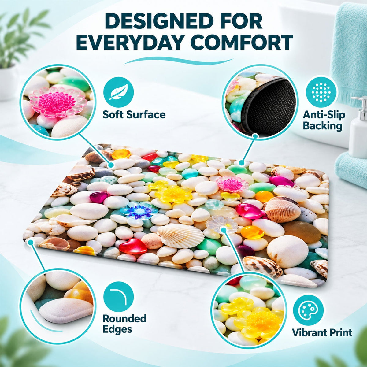 Wukusy 3D Pebble Stone Shower Mat with seashell print, water-absorbent rug, 58x38 cm, featuring realistic pebble and seashell design.