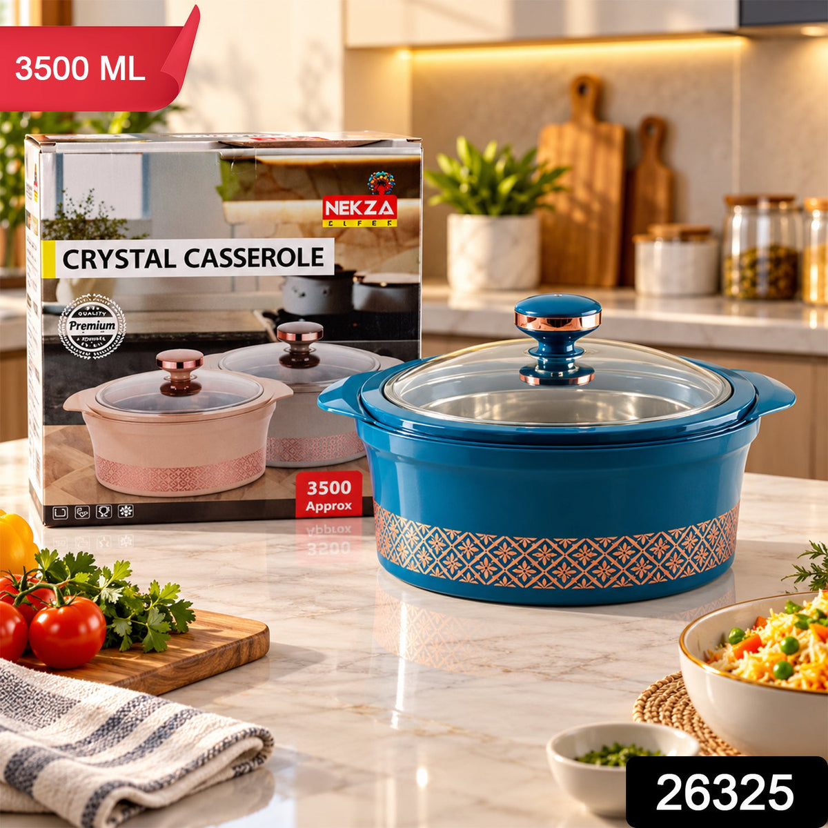 Crystal Casserole With Stainless Steel Inner Bowl And Glass Lid (3500 Ml)