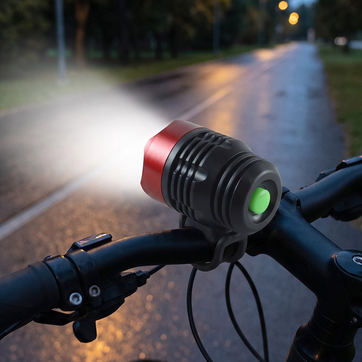 Wukusy compact bicycle headlight with handlebar mount, designed for night cycling safety, mounted on a bicycle handlebar.