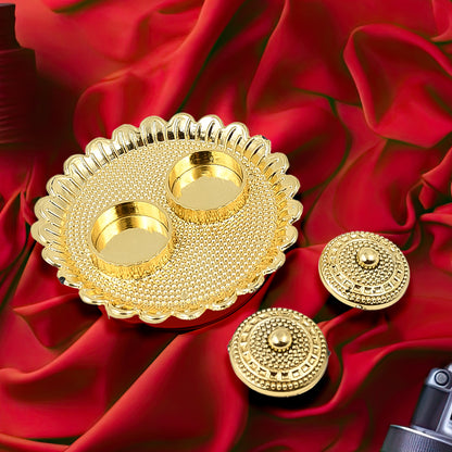 Large round Puja Thali holder with Kumkum compartment, made by Wukusy, designed for religious rituals and offerings.