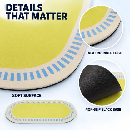 Wukusy striped border oval shower mat in bright colors, quick-dry bathroom rug with non-slip backing, 60x40 cm size.
