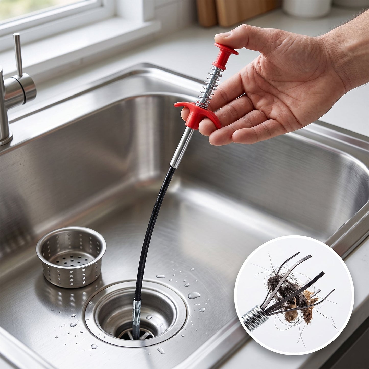 Wukusy 61-inch spring drain dredging tool with sink cleaner claw grabber for removing debris from kitchen or bathroom drains.