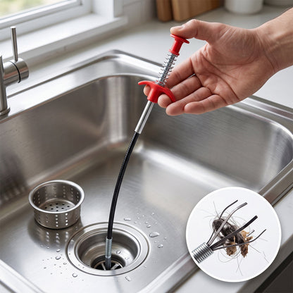 Wukusy 61-inch spring drain dredging tool with sink cleaner claw grabber for removing debris from kitchen or bathroom drains.