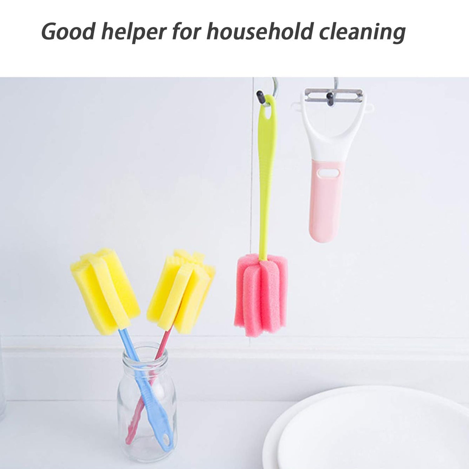 Wukusy 7443 Sponge Cup Washing Brush with sponge head, ideal for cleaning milk bottles, tea cups, and water cups in the kitchen.