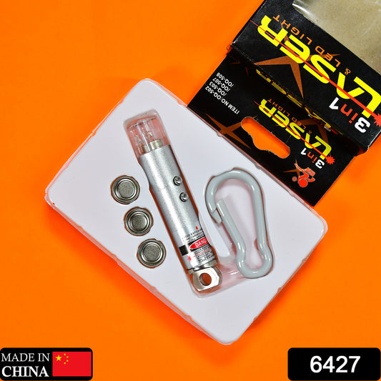 Wukusy 3-in-1 laser light, LED flashlight, and keychain laser pointer toy with compact design and multiple functions.