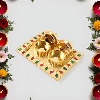 Wukusy Rakasha Bandhan Puja Thali with Kumkum holder, decorated for Indian housewarming and Rakshabandhan celebrations.