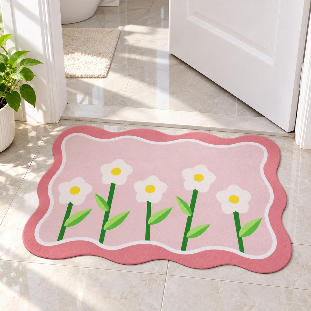 Decorative floral bathroom floor mat by Wukusy with wavy border design, 59x40 cm, featuring colorful floral patterns on soft fabric.