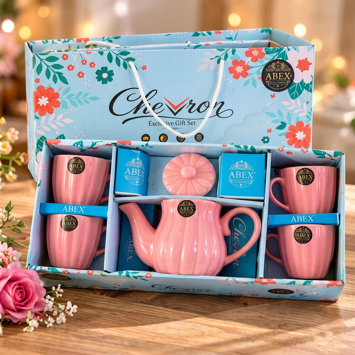 Wukusy ribbed ceramic tea set with teapot and four cups for serving or gifting, featuring a textured design and elegant craftsmanship.
