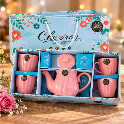 Wukusy ribbed ceramic tea set with teapot and four cups for serving or gifting, featuring a textured design and elegant craftsmanship.