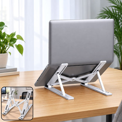 Wukusy portable foldable laptop stand with adjustable height and angle, supporting ergonomic work setup.