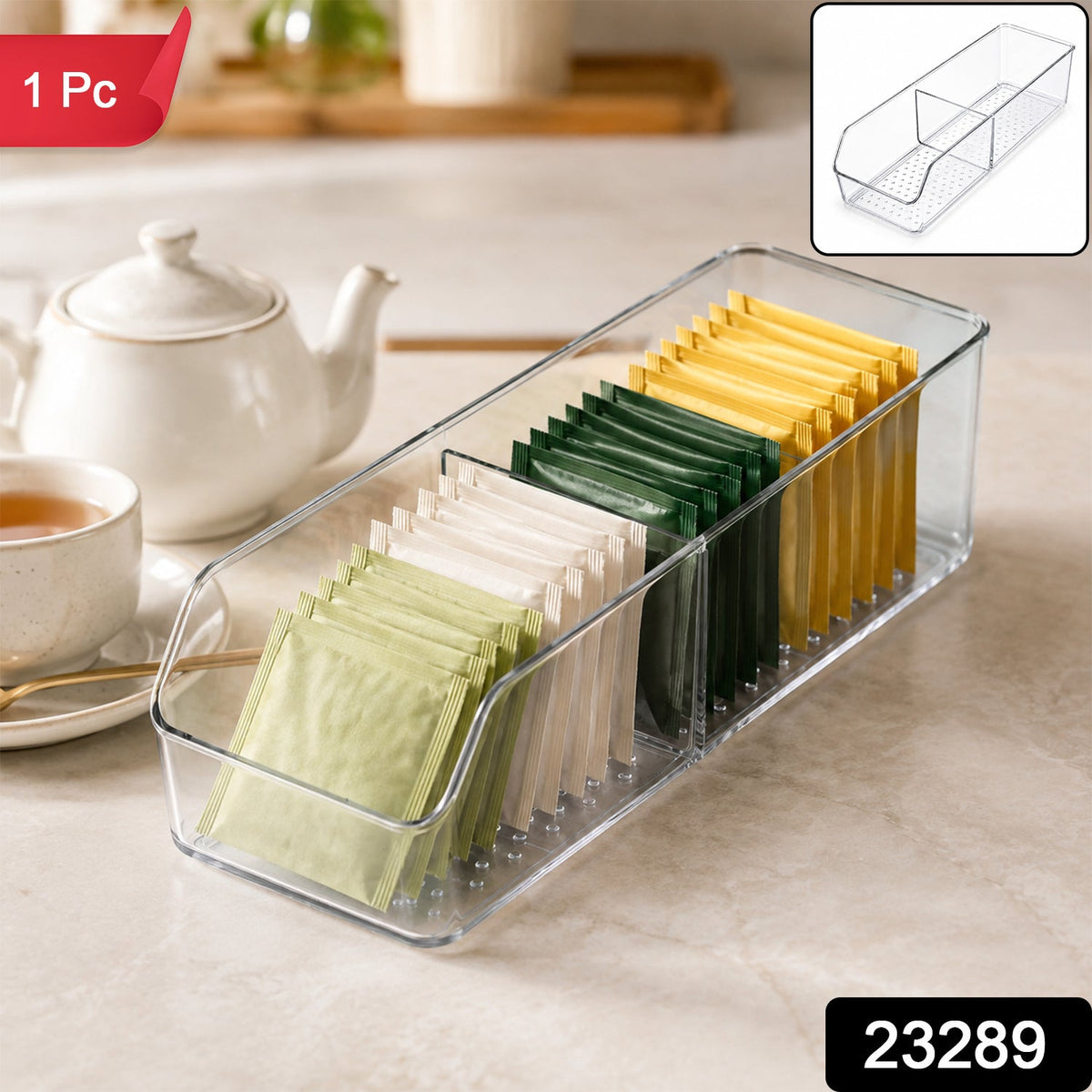 Clear plastic storage organizer box with dividers for kitchen use, featuring multiple compartments for easy organization.