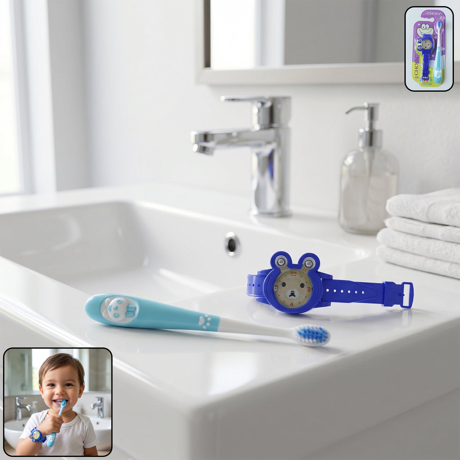 2 In 1 Kids Toothbrush With Cartoon Watch Toy (2 Pc Set)