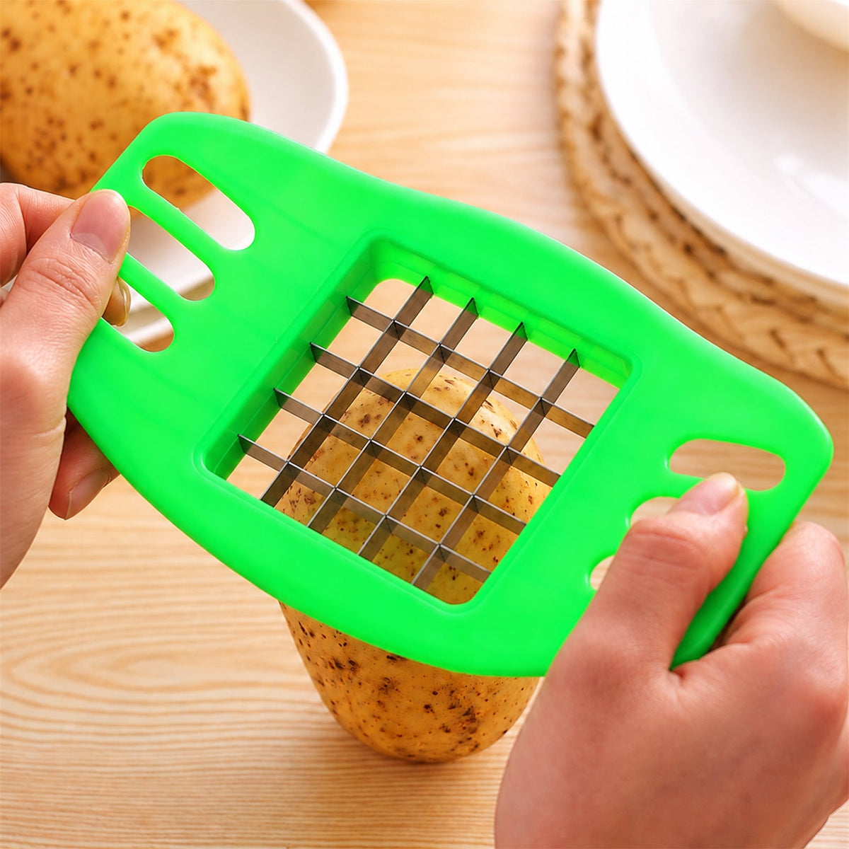 Wukusy French fry potato grid cutter with stainless steel blades, 17x10cm, shown with sliced potatoes ready for frying.