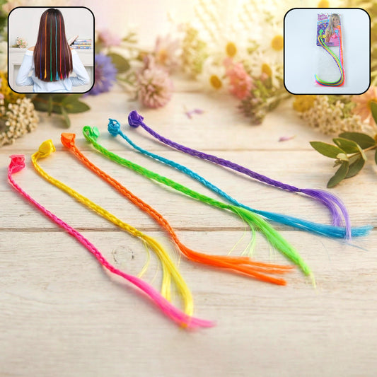 Colorful braided hair extension streaks for girls and kids by Wukusy, featuring six vibrant, multi-colored strands in a playful style.
