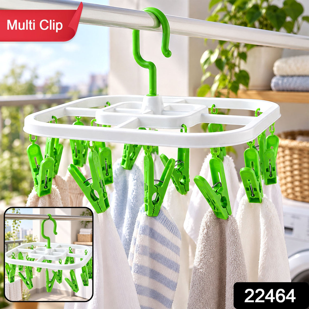 Wukusy plastic clip hanger drying rack with detachable hook for socks and small clothes, shown hanging on a clothesline.
